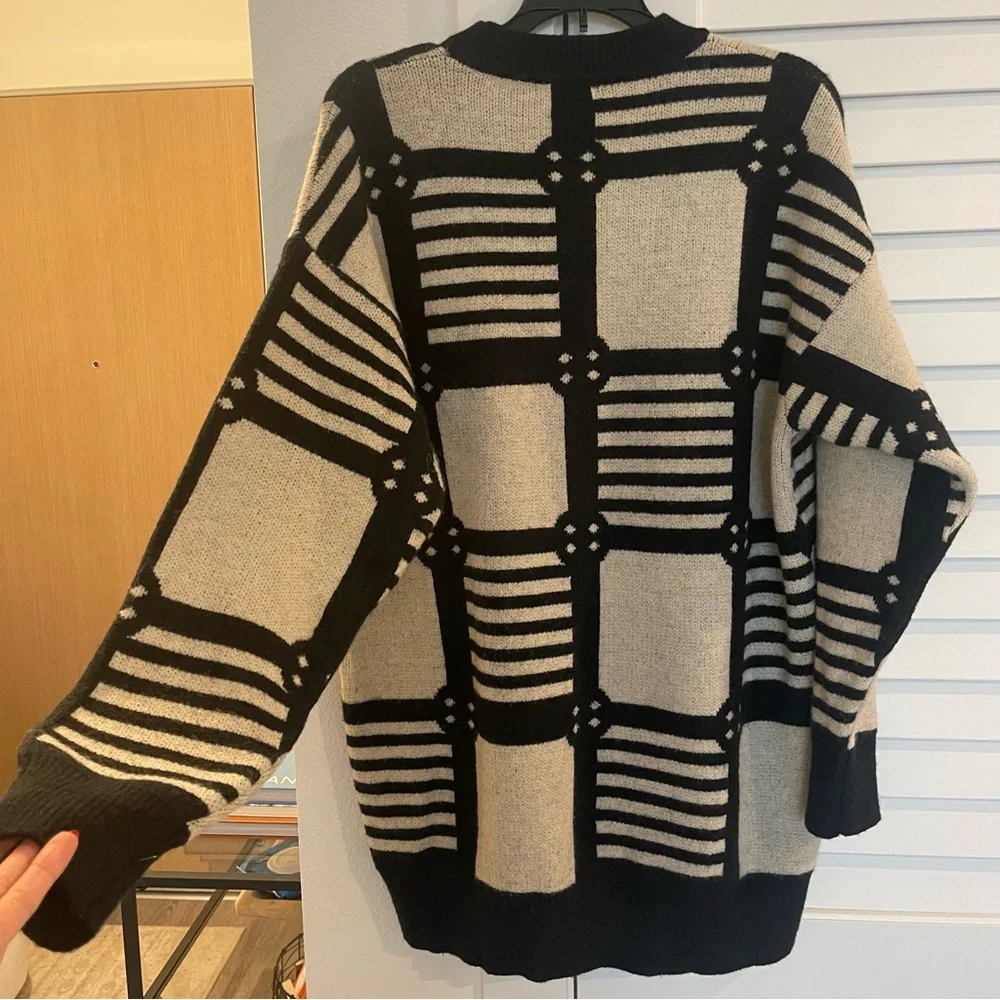12th Tribe Black and Cream Geometric Crewneck Sweater